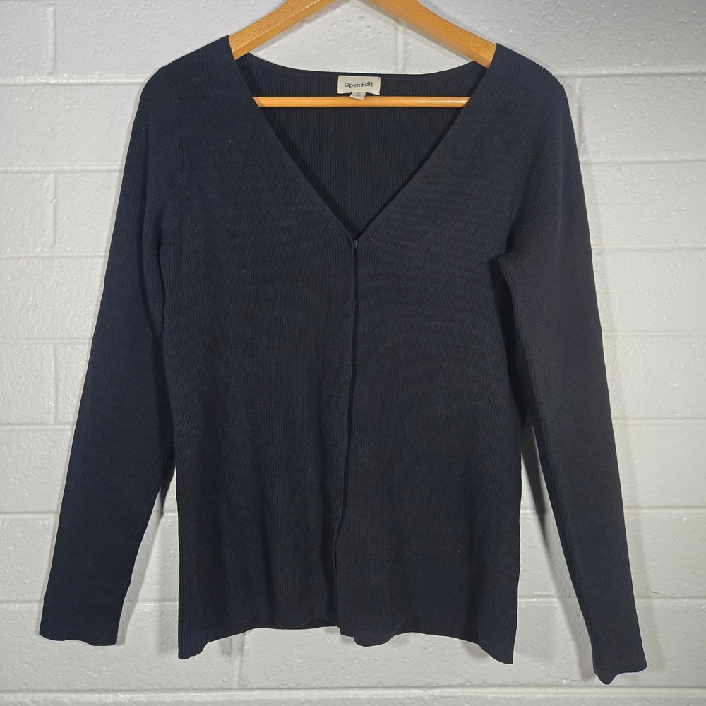 Open Edit Ribbed V-Neck Snap Cardigan Sweater XL Black Classic Office Career‎